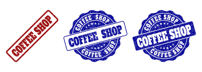COFFEE SHOP grunge stamp seals in red and blue colors. Vector COFFEE SHOP watermarks with grunge surface. Graphic elements are rounded rectangles, rosettes, circles and text tags.