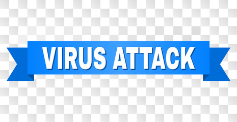 VIRUS ATTACK text on a ribbon. Designed with white title and blue stripe. Vector banner with VIRUS ATTACK tag on a transparent background.