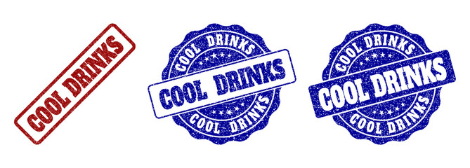 COOL DRINKS grunge stamp seals in red and blue colors. Vector COOL DRINKS marks with grunge effect. Graphic elements are rounded rectangles, rosettes, circles and text captions.