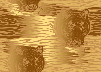 Seamless pattern with Tiger fur stripes and tiger head close-up. Beast style.