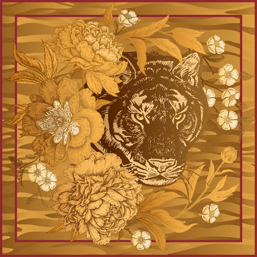 Print with animal tiger and flowers peonies.