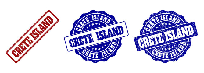 CRETE ISLAND grunge stamp seals in red and blue colors. Vector CRETE ISLAND labels with grunge surface. Graphic elements are rounded rectangles, rosettes, circles and text tags.