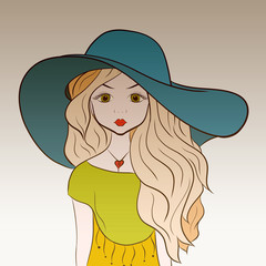 Girl in a big summer hat with long magnificent hair