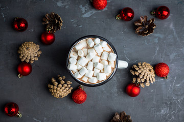 Sweet hot chocolate in mug. Christmas drink with marshmallow. Selective focus. Shallow depth of field. 