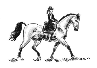 Beautiful lady raiding horse. Ink black and white drawing © berdsigns