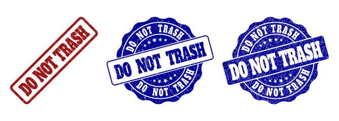DO NOT TRASH grunge stamp seals in red and blue colors. Vector DO NOT TRASH marks with grunge effect. Graphic elements are rounded rectangles, rosettes, circles and text labels.