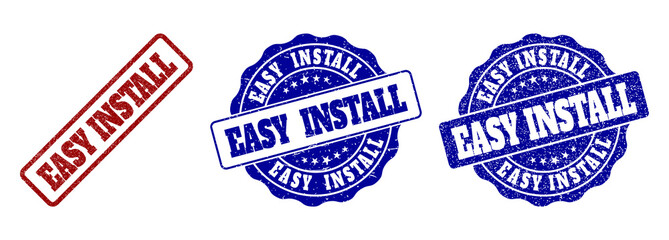 Fototapeta premium EASY INSTALL grunge stamp seals in red and blue colors. Vector EASY INSTALL labels with draft surface. Graphic elements are rounded rectangles, rosettes, circles and text labels.