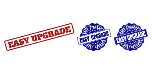 EASY UPGRADE scratched stamp seals in red and blue colors. Vector EASY UPGRADE labels with grainy style. Graphic elements are rounded rectangles, rosettes, circles and text labels.