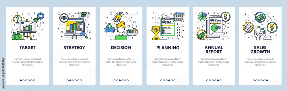 Wall mural web site onboarding screens. company business strategy planning and financial report. menu vector ba