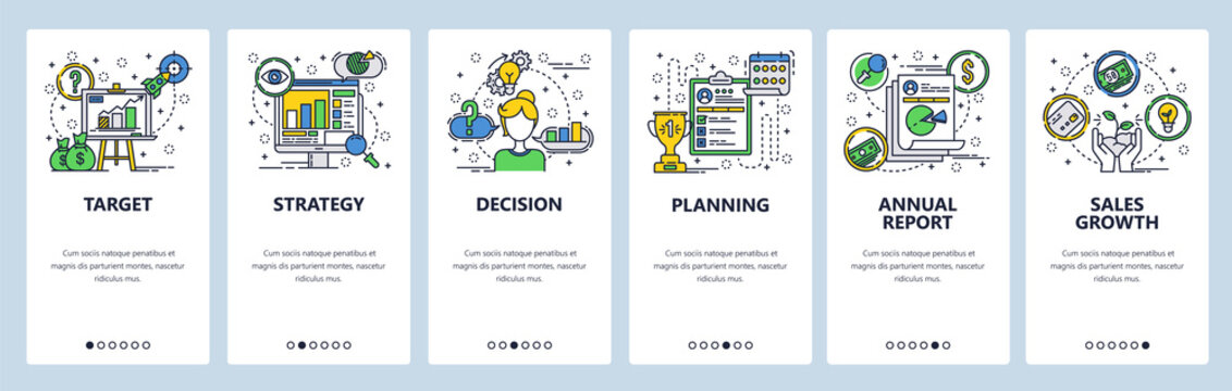 Web site onboarding screens. Company business strategy planning and financial report. Menu vector banner template for website and mobile app development. Modern design linear art flat illustration.