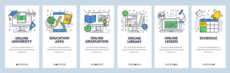 Web site onboarding screens. Online education, lesson and graduation. Menu vector banner template for website and mobile app development. Modern design linear art flat illustration.