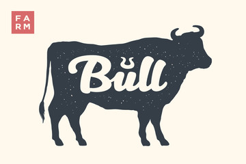 Farm animals set. Isolated bull silhouette and word Bull