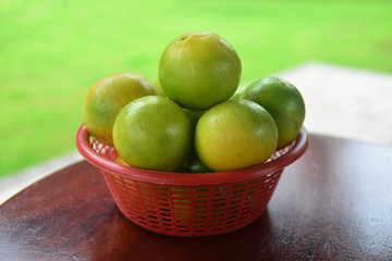 Freshness limes on red basket, Green lemon