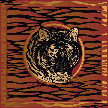 Tiger and fur stripes. Template for design scarf or pillow. Beast style.