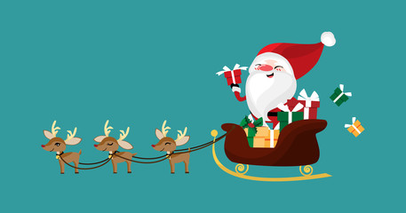 Christmas character of Santa claus in a sleigh with reindeer.