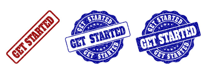 Obraz premium GET STARTED scratched stamp seals in red and blue colors. Vector GET STARTED imprints with draft surface. Graphic elements are rounded rectangles, rosettes, circles and text labels.