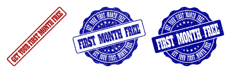 GET YOUR FIRST MONTH FREE grunge stamp seals in red and blue colors. Vector GET YOUR FIRST MONTH FREE labels with dirty style. Graphic elements are rounded rectangles, rosettes,