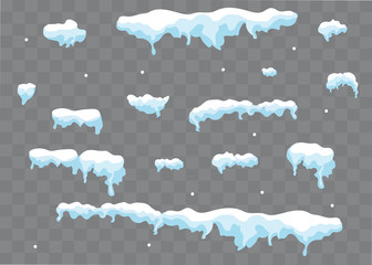Snow caps, snowballs and snowdrifts set. Snow cap vector collection. Winter decoration element. Snowy elements on winter background. Cartoon template. Snowfall and snowflakes in motion. Illustration.