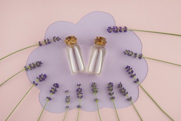 Essential lavender oil in  bottles and lavender flowers on a pink-purple background.top view, copy...