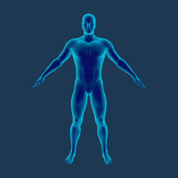 Standing man. Isolated on blue background. Vector illustration. Pointillism style.