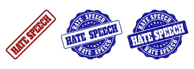 HATE SPEECH grunge stamp seals in red and blue colors. Vector HATE SPEECH labels with distress surface. Graphic elements are rounded rectangles, rosettes, circles and text labels.