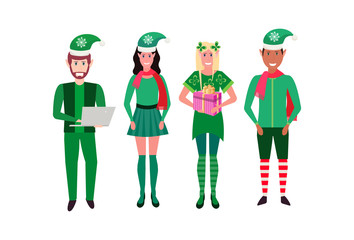 mix race people christmas elf santa helper concept standing together man woman different poses flat full length male female cartoon character isolated