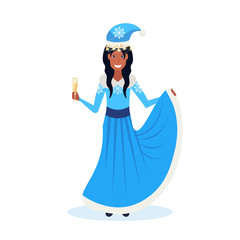 african american woman holding glass champagne wearing blue dress happy new year merry christmas concept flat female cartoon character isolated full length