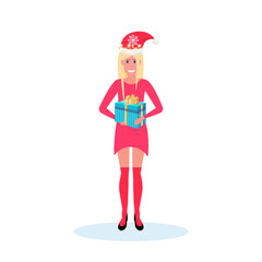 woman holding gift box wearing red dress hat happy new year merry christmas concept flat female cartoon character isolated full length