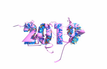 Happy New Year Banner with 2019 trendy pink color Numbers made by plastic and organic matterwhite Background. Abstract 3d illustration