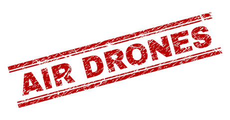 AIR DRONES seal imprint with corroded texture. Red vector rubber print of AIR DRONES tag with unclean texture. Text tag is placed between double parallel lines.