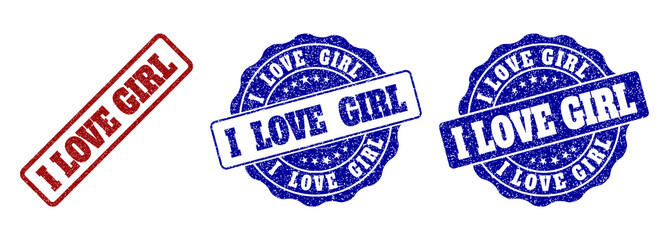 I LOVE GIRL scratched stamp seals in red and blue colors. Vector I LOVE GIRL labels with scratced effect. Graphic elements are rounded rectangles, rosettes, circles and text labels.