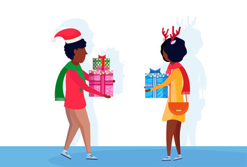Obraz na płótnie Canvas african american couple giving present each other happy new year merry christmas concept flat male female cartoon character isolated full length horizontal