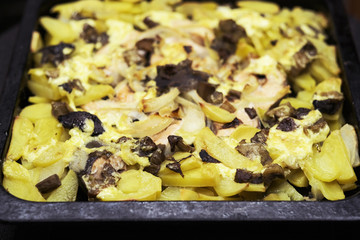the salmon with potatoes, onions and mushrooms