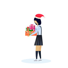 asian woman wearing hat holding gift box happy new year merry christmas concept female cartoon character profile full length isolated