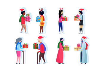 set mix race people giving present each other happy new year merry christmas concept flat male female cartoon characters collection isolated full length horizontal