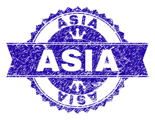 ASIA rosette stamp overlay with grunge style. Designed with round rosette, ribbon and small crowns. Blue vector rubber print of ASIA label with grunge style. © Evgeny