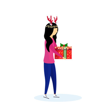 asian woman wearing deer horns holding gift box happy new year merry christmas concept female cartoon character profile full length isolated