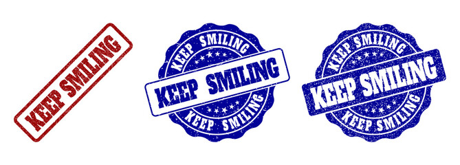 KEEP SMILING grunge stamp seals in red and blue colors. Vector KEEP SMILING signs with grunge texture. Graphic elements are rounded rectangles, rosettes, circles and text tags.