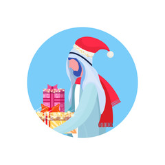 Arab man traditional clothes hold gift box