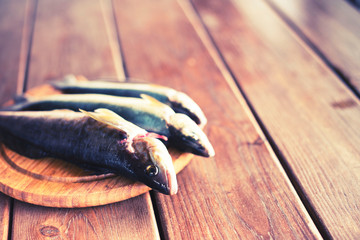 The catch of fresh sea fish lies on a cutting Board on a wooden table in the kitchen Selective...
