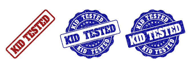 KID TESTED grunge stamp seals in red and blue colors. Vector KID TESTED labels with grunge texture. Graphic elements are rounded rectangles, rosettes, circles and text labels.