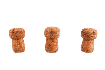 Three corks of champagne or sparkling wine bottle on a white background isolated close up