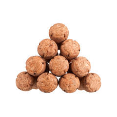 Corks of champagne or sparkling wine bottles in the shape of a triangle in rows on white background...