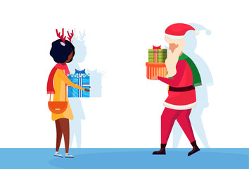 santa claus african woman giving present gift box each other happy new year merry christmas concept flat isolated full length horizontal