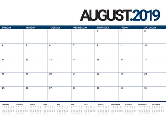 August 2019 desk calendar vector illustration