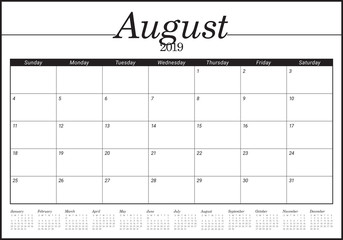 August 2019 desk calendar vector illustration