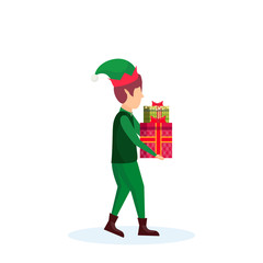 christmas boy carry gift box elf santa helper concept flat full length male cartoon character isolated