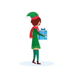 christmas girl carry gift box elf santa helper concept flat full length female cartoon character isolated