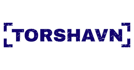 TORSHAVN tag seal print with corroded texture. Text title is placed between corners. Blue vector rubber print of TORSHAVN with dirty texture.