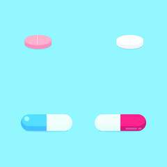 Drug pills and tablet flat style design vector illustration set isolated on light blue background icon sign. Medical capsule painkiller cure treatment.